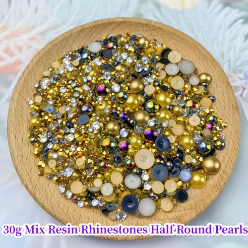 Miniatura 2 de Cuentas de resina mixta con diamantes de imitación y perlas semirredondas, 30 g, diamantes de imitación de parte trasera con perlas medias