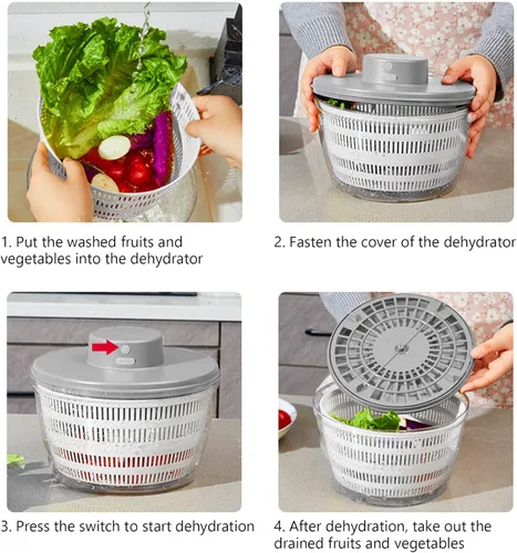 Miniatura 5 de Lavadora secadora de verduras, 4L de gran capacidad, colador de frutas y verduras, hilandero eléctrico USB para ensalada, limpiador y secadora