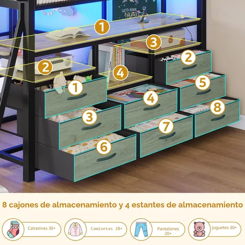 Miniatura 3 de busyaeh Litera matrimonial sobre individual, litera baja con 8 cajones y 4 estantes y barandilla de seguridad de 15 pulgadas de alto, litera