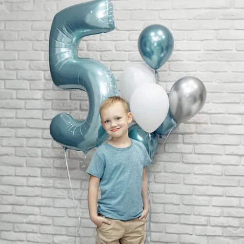 Miniatura 6 de Globos de número azul pastel de 40 pulgadas, globo gigante autoinflable de aluminio número 5 de cumpleaños para niños, globos azul bebé para hombres