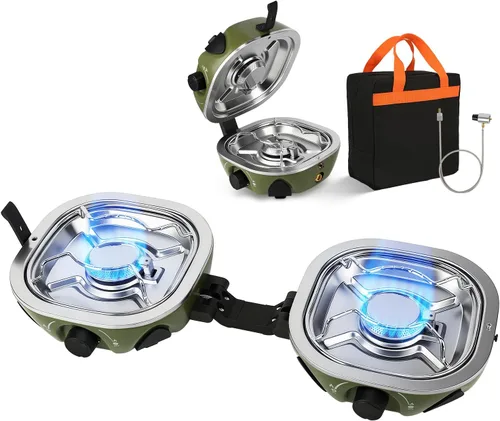 INFOOD Estufa de camping de propano de 20,000 BTU – Estufa de gas portátil de 2 quemadores con control de llama ajustable, encendido piezoeléctrico,