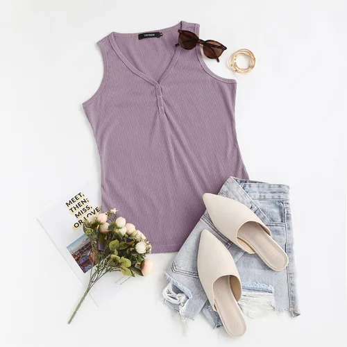 Miniatura 3 de TECREW Camisetas sin mangas con cuello en V para mujer, estilo casual, acanaladas, con botones, Henley