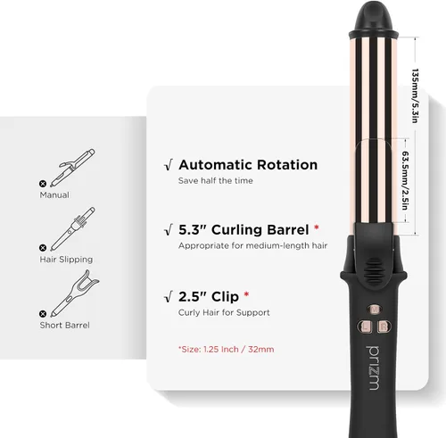 Miniatura 4 de Prizm Rizador automático de 1.25 pulgadas/1.260 in para rizador grande, varita giratoria de hasta 450 °F, pantalla LCD, apagado automático y doble