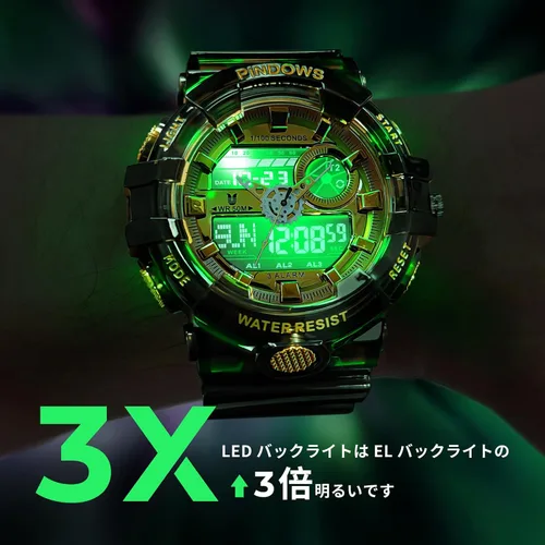 Miniatura 4 de PINDOWS Reloj para Hombre, Reloj Analógico Digital Resistente al Agua 50M, Reloj Electrónico para Deportes al Aire Libre, Fecha, Multifunción, LED