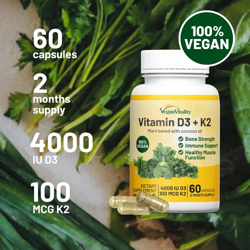 Miniatura 4 de Vegan Vitality Vitamina D3 K2 4000IU (100 mcg) con aceite de coco, 100% vitamina D vegana a base de plantas para veganos y vegetarianos - 60 cápsulas