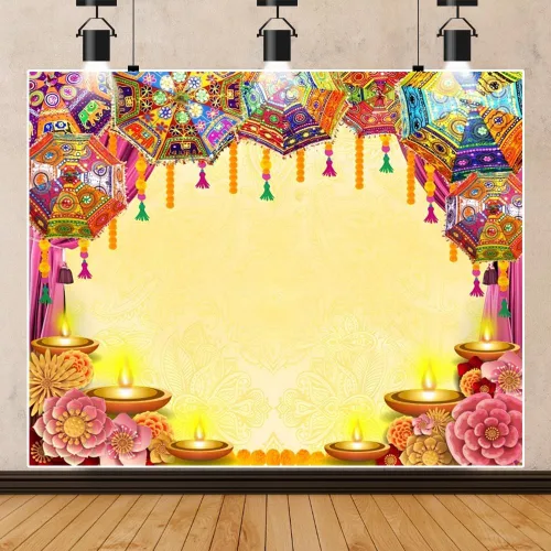 Miniatura 8 de Telón de fondo indio Diwali Pooja para fotografía, 10 x 8 pies, vinilo indio, tradicional, Puja Ganpati Mehndi Diwali, Festival de fotos, decoración