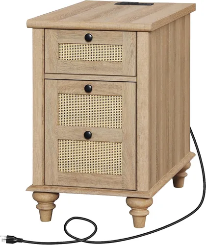 Miniatura 8 de WAMPAT Mesa auxiliar de granja con estación de carga, mesa auxiliar de madera con tomas de corriente y puertos USB, mesita de noche de ratán