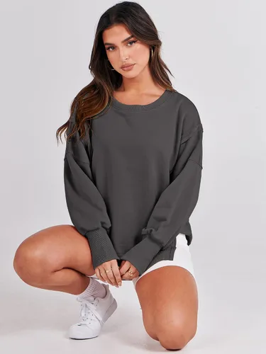 Miniatura 4 de ANRABESS Sudaderas de gran tamaño para mujer, con cuello redondo, manga larga, casuales y holgadas, con aberturas, ropa de otoño 2025
