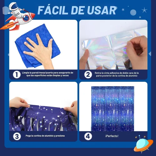 Miniatura 5 de 3 piezas de cortinas de papel de aluminio con temática de galaxia para decoraciones de fiesta espacial, 3.3 x 6.6 pies, cortinas de oropel azul