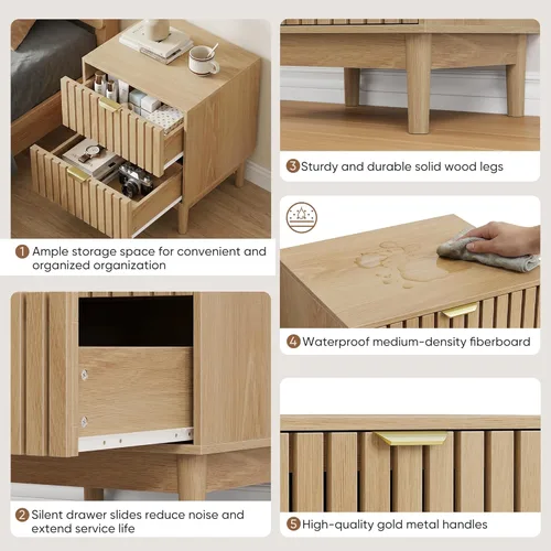 Miniatura 6 de Wood Nightstand Set of 2, Modern Bedside Table with Grille Design, End Side Table with 2 Drawers Storage for Living Room, Bedroom, Oak