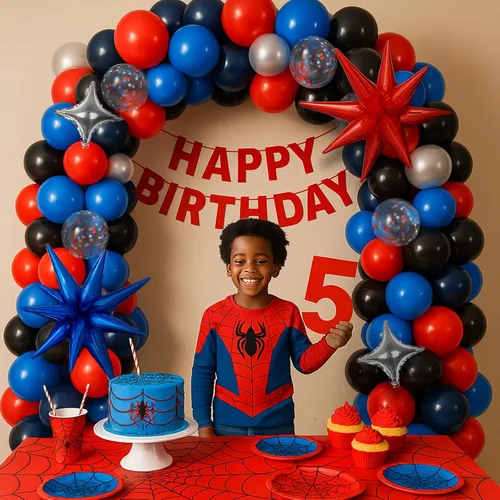 Miniatura 6 de Kit de arco de globos de araña de 147 piezas con globos de estrella, azul marino, rojo, negro, plateado, superhéroe, guirnalda temática de béisbol