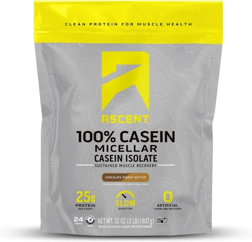 Ascent Proteína en polvo de caseína – 0.88 oz de caseína micelar en polvo con cero sabores artificiales y edulcorantes, sin gluten, sin azúcar
