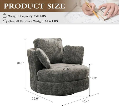 Miniatura 2 de Chifee & Vingol Silla decorativa giratoria de gran tamaño de 40.35 pulgadas, silla redonda tapizada de barril con almohadas, sillas giratorias