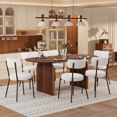 Miniatura 13 de Juego de mesa de comedor ovalada moderna de 70 pulgadas con 6 sillas de tela Boucle, mesa de MDF y base resistente a rayas, muebles de cocina