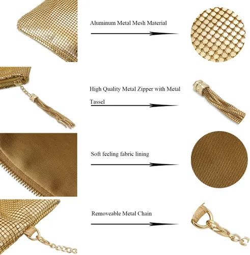 Miniatura 6 de Bolso de mano grande de malla metálica para noche, bolso convertible con borla