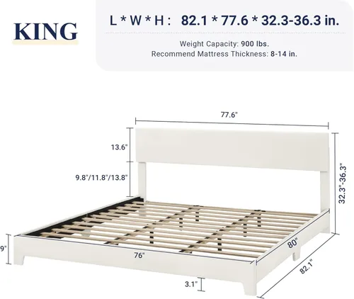 Miniatura 2 de Allewie Estructura de Cama Tamaño King con Cabecera Ajustable, Cama Plataforma de Cuero Sintético con Listones de Madera, Base de Colchón de Blanco
