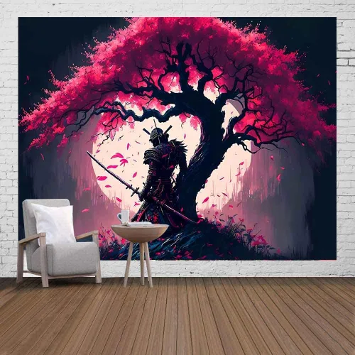 Miniatura 8 de Ine Ive GTDWIE0297 - Tapiz samurái japonés para estética de dormitorio, luna llena, árbol de cerezo, 40 x 30 pulgadas, arte japonés para dormitorio