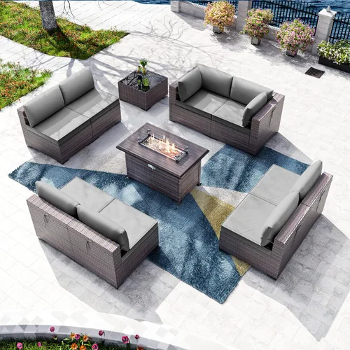 Miniatura 70 de Kullavik Juego de 13 muebles de patio al aire libre con mesa de fogata de gas propano de 43 pulgadas, 55000 BTU, mimbre de polietileno, sofá Arena