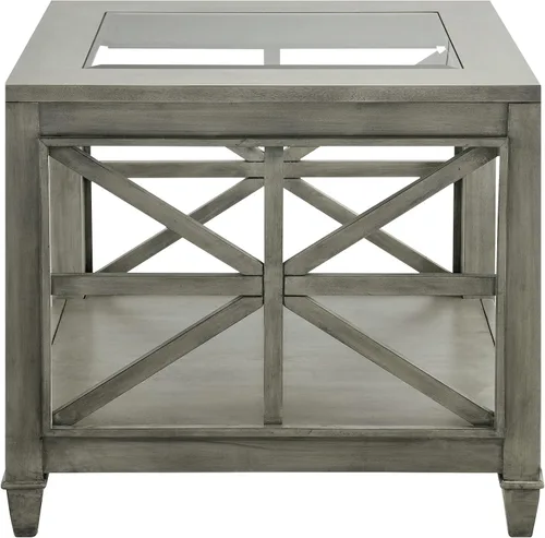 Miniatura 6 de LEEMTORIG Mesa auxiliar rústica grande, mesas auxiliares grises con vidrio templado para sala de estar, mesa auxiliar cuadrada industrial de madera