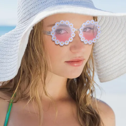 Miniatura 2 de 2 pares de lentes de sol de margarita para mujer, gafas redondas de flores para adultos y niños, decoración con gafas de tela bolsa de franela
