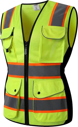 JKSafety Chaleco de seguridad reflectante de alta visibilidad para mujer, tiras reflectantes cosidas en el cuerpo de color neón, transpirable,