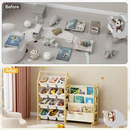 Miniatura 4 de Organizador de Almacenamiento de Juguetes de Madera Estantería para Niños, con 12 Contenedores Organizadores de Juguetes, Estante de Libros