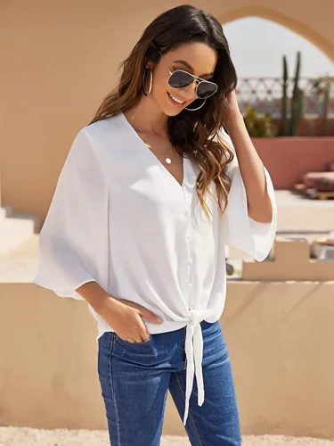 Miniatura 3 de Kancystore - Blusa de gasa con botones, para mujer, con cuello en V, lazo frontal, manga de 34 y estilo informal
