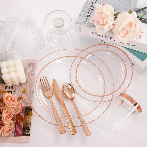 Miniatura 3 de Liacere 350 platos de plástico color oro rosa, platos desechables de rosa transparente, 50 invitados, incluyen 50 platos llanos, 50 platos
