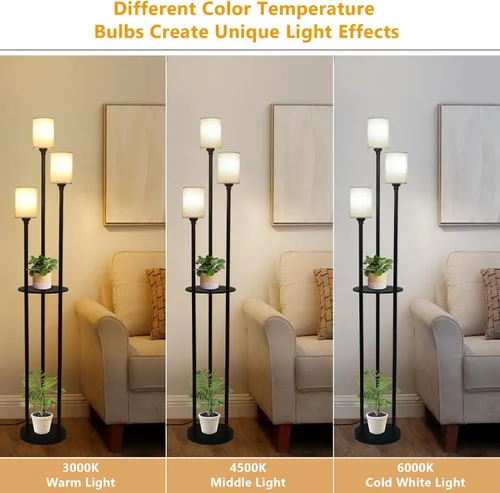 Miniatura 3 de Lámpara de pie con estantes, lámparas de pie modernas para sala de estar, lámpara de pie de 3 luces con pantalla de lino e interruptor de pie