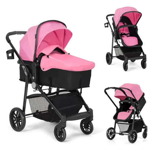 BABY JOY Cochecito de bebé, 2 en 1 Carriola convertible de cuna a cochecito, silla de paseo con cubierta para pies, portavasos, gran espacio de Rosa