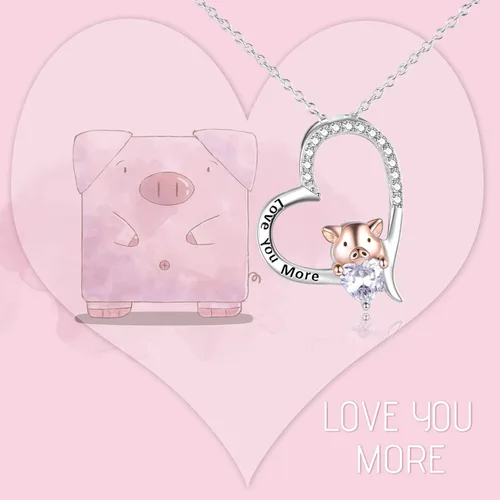 Miniatura 2 de YFN Collar de cerdo, regalo de joyería de plata de ley 925, lindo colgante de animal con corazón de circonita cúbica, collar para mujeres y niñas