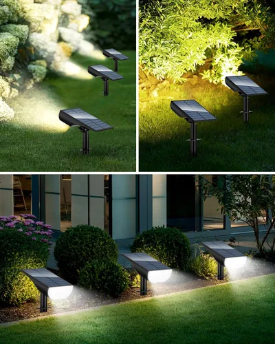 Miniatura 7 de Focos solares impermeables para exteriores, 3 modos de iluminación, focos solares, luz de atardecer a amanecer, para patio, camino, paisaje, Blanco