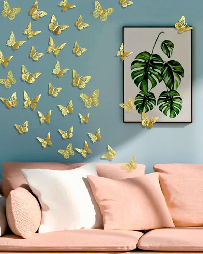 Miniatura 3 de 72 piezas de decoración de pared de mariposas 3D en oro, decoraciones de mariposas doradas para el Día del Padre, 4 estilos 3 tamaños, mariposas