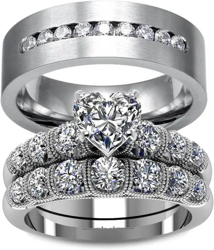 Miniatura 60 de Conjunto de dos anillos de boda para él y para ella, anillos para parejas. Anillos de compromiso para novia en acero inoxidable chapado en oro Blanco