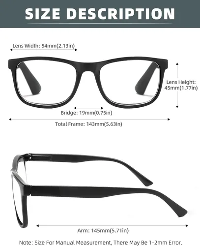 Miniatura 3 de Gafas de lectura negras mate para hombre, grandes y grandes, grandes y anchas, +0.50, con aumento ligero, cabeza grande, cara grande