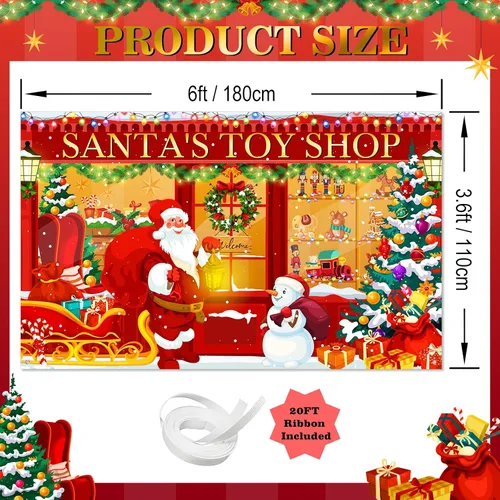 Miniatura 4 de Avezano Telón de fondo de Navidad, pancarta roja de la tienda de juguetes de Santa para fotografía, fondo de tienda de Navidad, decoración