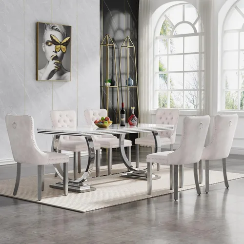 Miniatura 38 de HomVent Juego de mesa de comedor moderna de mármol sintético para 4 personas, mesa de cocina rectangular con 4 sillas beige (dorado)