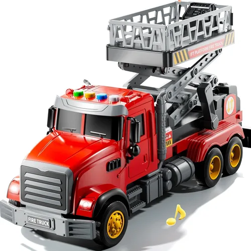 Miniatura 10 de JUKUDAHU Camión de bomberos de juguete para niños de 3, 4, 5, 6, 7, 8 años, juego de camiones de bomberos con escalera giratoria, sonido y luz