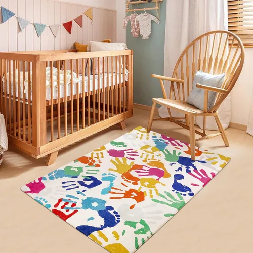 Miniatura 2 de STARUIA - Alfombra de huellas de manos y pies para niños para sala de juegos, alfombra de guardería lavable de 3 x 5 pies de colores para habitación