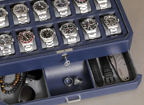 Miniatura 4 de ROTHWELL Caja de reloj de cuero con 12 ranuras con cajón de valet, organizador de exhibición de lujo de 12 ranuras, forro de microgamuza, soporte