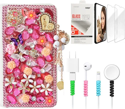 Miniatura 10 de Bling - Funda de piel con tapa para iPod Touch 5ª, 6ª y 7ª - Elegante - Diseño de flores en 3D - Funda de piel con protector de pantalla y protector