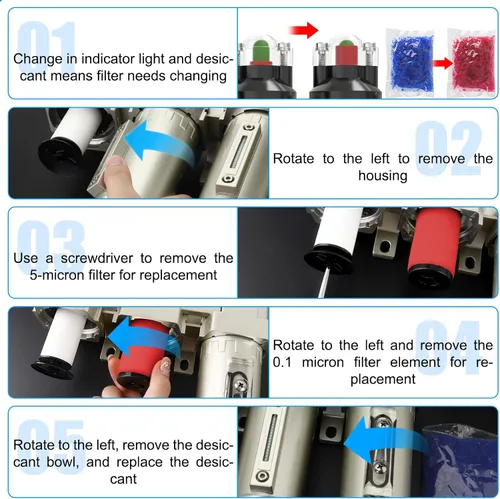 Miniatura 6 de MEANLIN Sistema de Secado de Aire de 3 Etapas de Grado Industrial Resistente 1/2" NPT, Filtro Coalescente, Filtro de Partículas, Secador Desecante