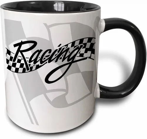 3dRose Taza de café, tamaño – 15 oz – Bandera de carreras a cuadros en blanco y negro PS Creations – divertido regalo de taza de café