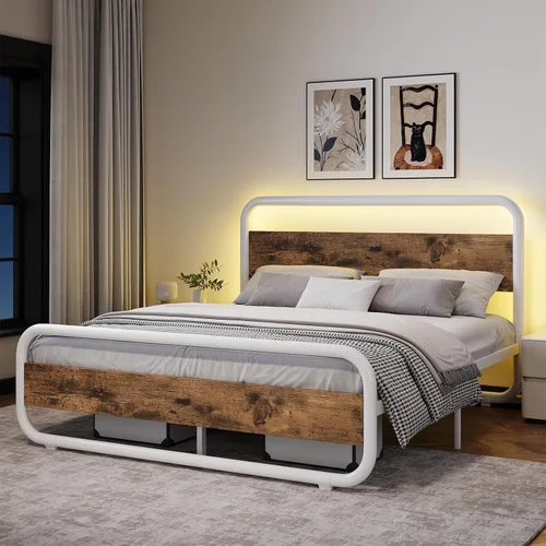 Miniatura 21 de Catrimown - Marco para cama individual con luces LED, marco de cama plataforma individual resistente de metal rústico con cabecera de madera