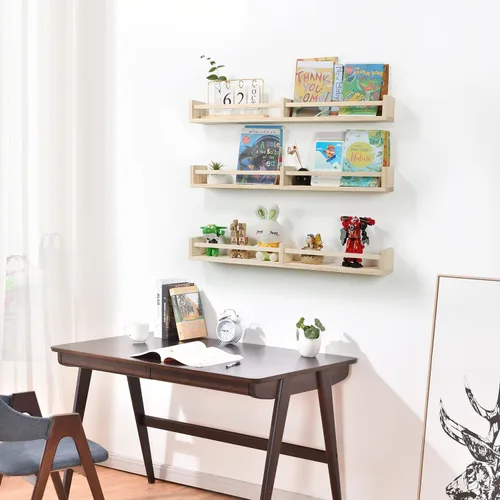 Miniatura 2 de Austin yan Estantería de pared para guardería, 32 pulgadas, juego de 3, estantería flotante de madera para niños, color madera natural, estante