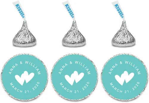 Miniatura 10 de Andaz Press Etiquetas personalizadas de gota de chocolate para boda, nombres y fecha redondos de novios, azul bebé, paquete de 240, personalizadas