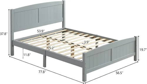 Miniatura 2 de Karl home Base de cama de madera tamaño matrimonial con cabecero, plataforma para dormitorio con estribo, soporte de 12 listones de madera, no Gris