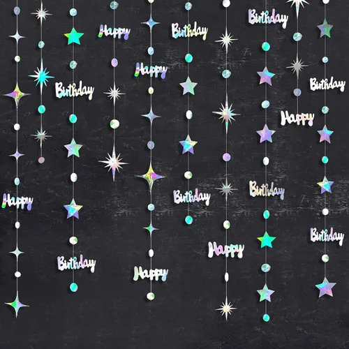 Miniatura 8 de Decoraciones doradas de feliz cumpleaños con diseño de círculos de feliz cumpleaños, guirnalda de estrellas centelleantes metálicas, para colgar