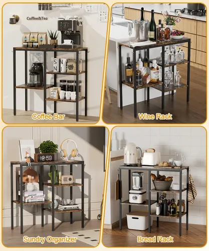 Miniatura 7 de Soporte de horno microondas de 4 niveles, estación de café ajustable para electrodomésticos pequeños, estante para panadería con 4 ganchos y 7
