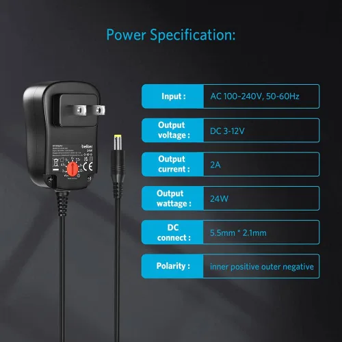 Miniatura 4 de Belker Fuente de adaptador de alimentación universal de CA CC de 24 W, 3 V, 4.5 V, 5 V, 6 V, 7.5 V, 9 V, 12 V, con 8 puntas para tira de luz LED